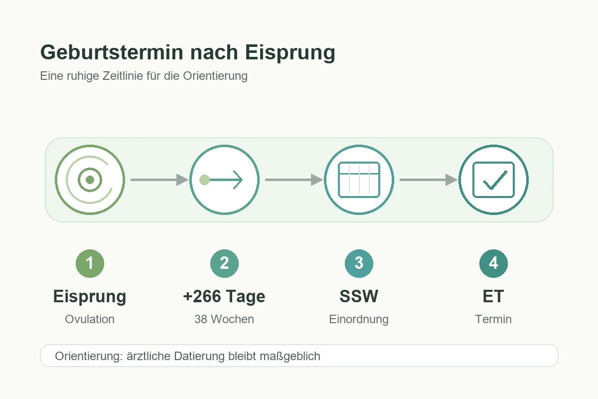 Zeitlinie zur Berechnung des Geburtstermins nach Eisprung mit Eisprung, plus 266 Tage, SSW und ET